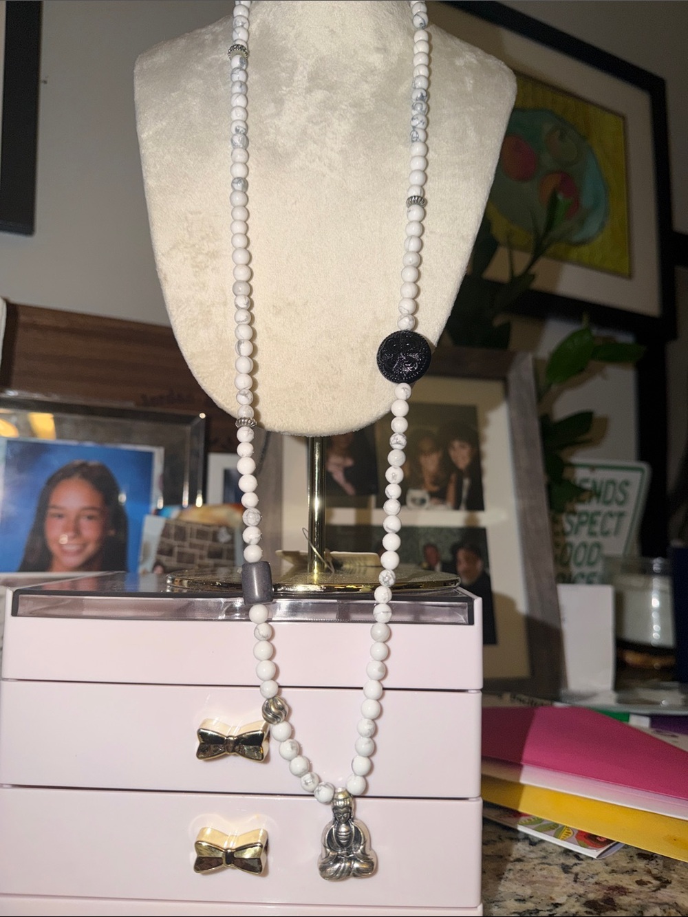 Designed Marlyn Schiff Layered White Howlite Bead Necklace Silver Buddha